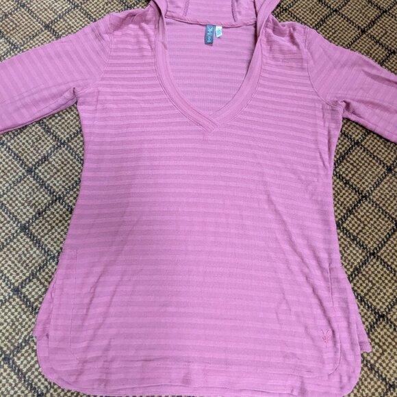 IBEX Hooded Long Sleeve Shirt Merino Wool Blend Women's Large Pink Shadow Stripe - Picture 4 of 12